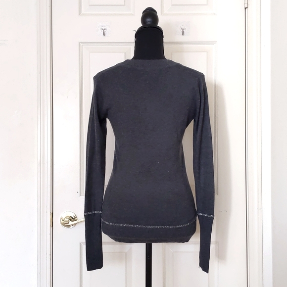 NWT.Express Wool Rayon Nylon Long V-Neck Dark Grey w/Silver Sparkle Trim Sweater - Picture 2 of 5